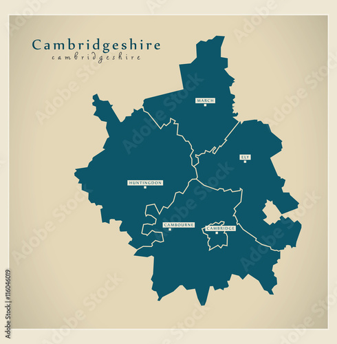 Modern Map - Cambridgeshire with districts UK