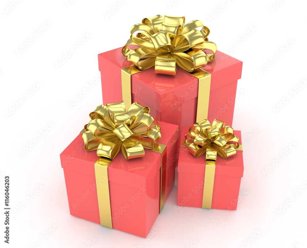 three gift boxes with bows isolated on white. 3d rendering. three gift boxes with bows isolated on white. 3d rendering.