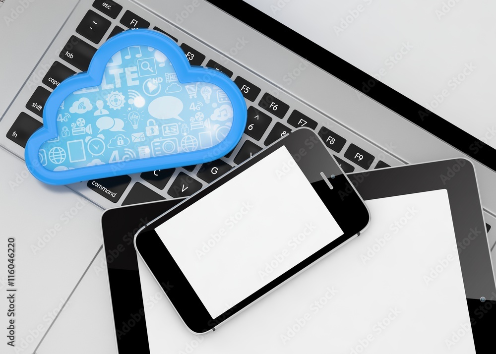 laptop, tablet pc, smart phone and cloud. 3d rendering. laptop, tablet pc, smart phone and cloud. 3d rendering.