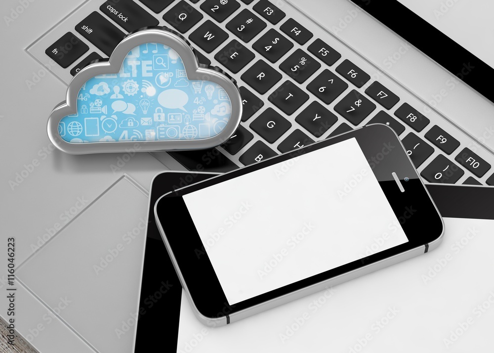laptop, tablet pc, smart phone and cloud. 3d rendering. laptop, tablet pc, smart phone and cloud. 3d rendering.