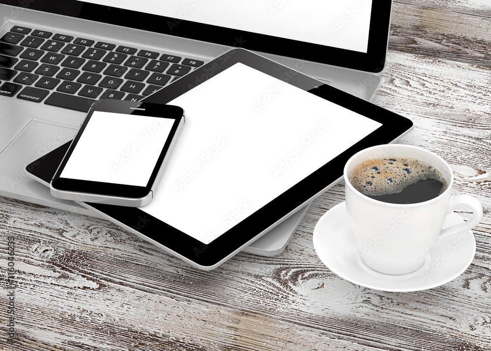 Laptop, phone, tablet pc and coffee. 3d rendering. Laptop, phone, tablet pc and coffee. 3d rendering.