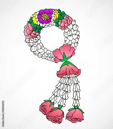 Jasmines with roses garland in Thai Traditional style. Illustration isolated on white background.