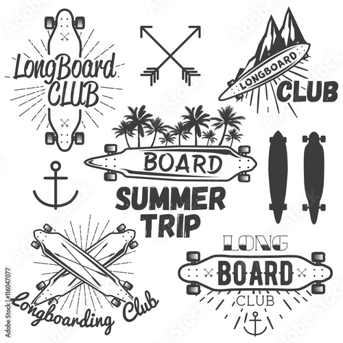Vector set of longboard skateboard emblems, labels, badges. Skateboarding concept illustration photo