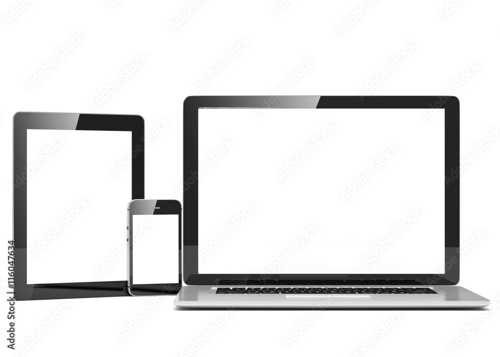 laptop, tablet, phone, on white. 3d rendering. laptop, tablet, phone, on white. 3d rendering.