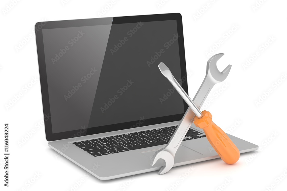 3D Illustration Wrench and screwdriver on laptop, service concept 3D Illustration Wrench and screwdriver on laptop, service concept