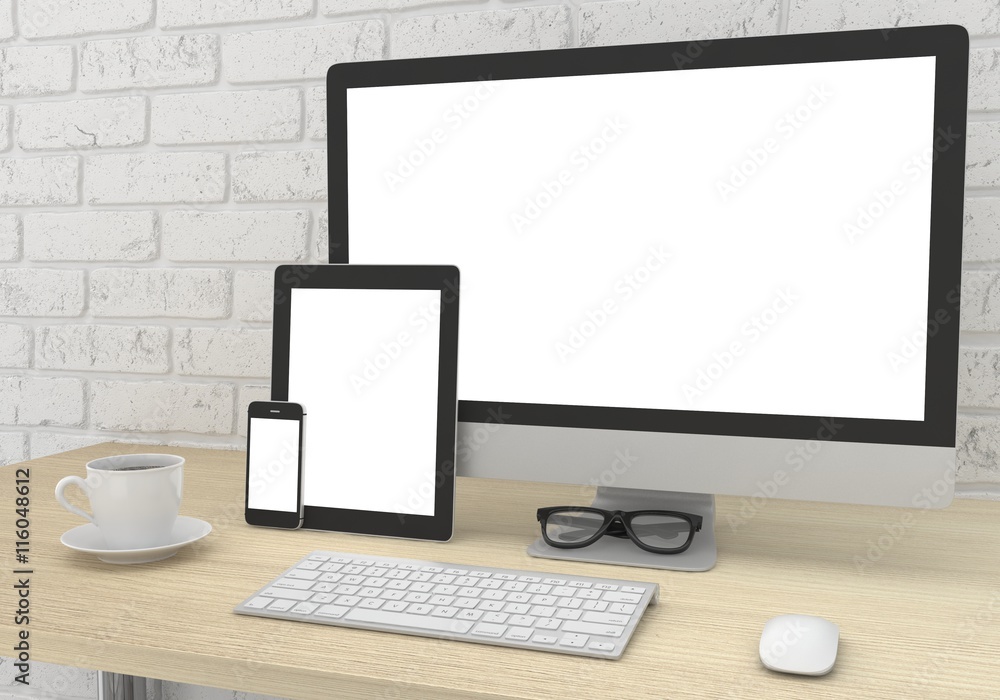 Responsive mockup screen. Monitor, tablet, phone on table in office. 3d rendering. Responsive mockup screen. Monitor, tablet, phone on table in office. 3d rendering.