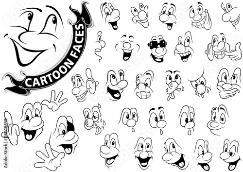 Cartoon Faces Set - Black Hand Drawn Illustration, Vector