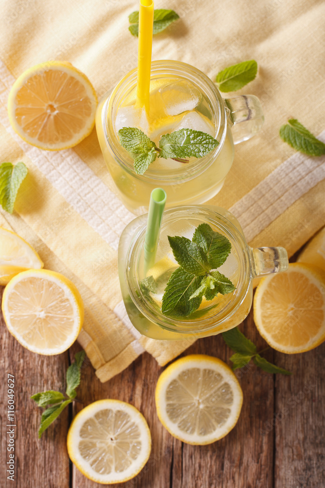 Refreshing lemonade with ice cubes and mint close up. vertical top view
Refreshing lemonade with ice cubes and mint close up. vertical top view
