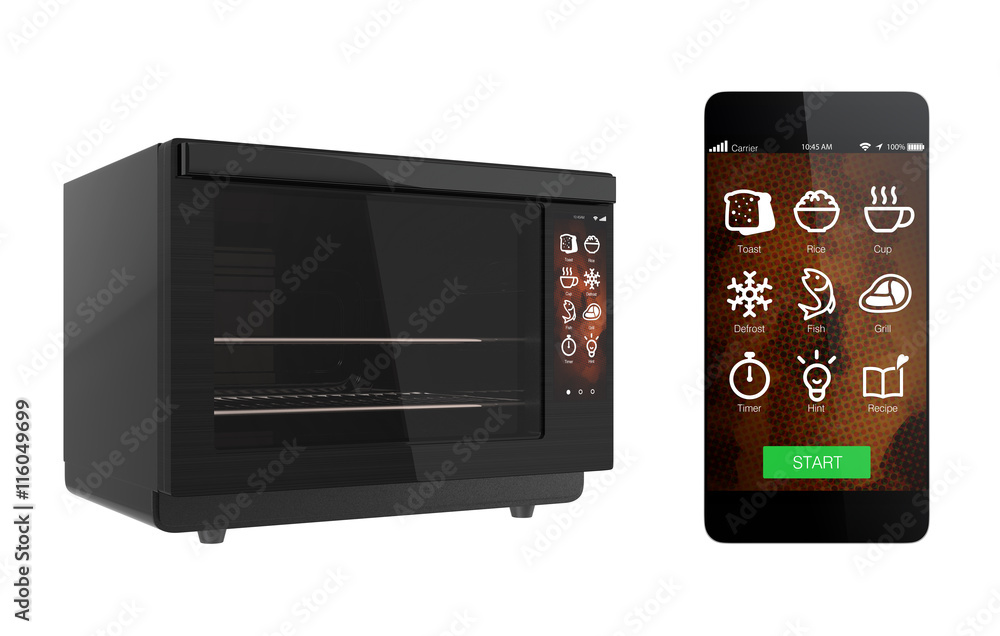 Fototapeta premium Electric oven and smart phone isolated on white background. Using smart phone app could link to the oven. 3D rendering image with clipping path.
