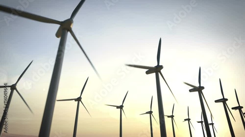 Scene of wind turbine energy. animation.sunset.