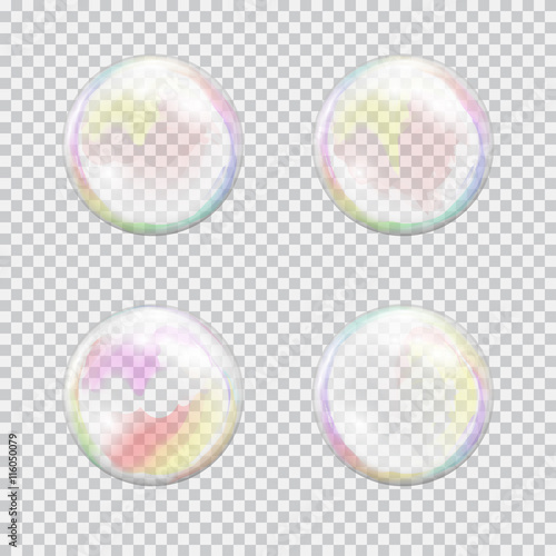 Set of multicolored transparent soap bubbles