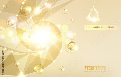 Regenerate face cream and Vitamin complex concept. Shining golden essence droplet. Vitamin E drop in form of sphere. Beauty skin care design over golden backdrop. Vector illustration.