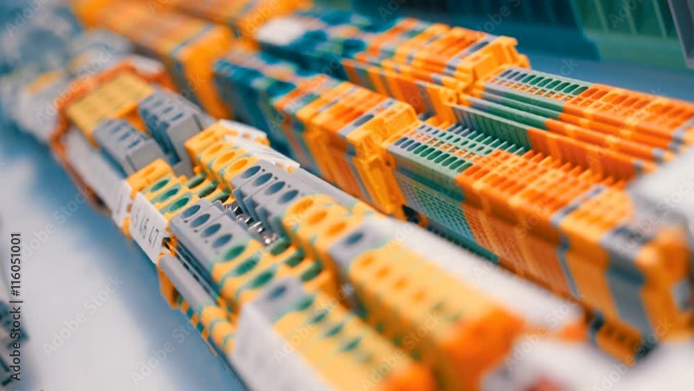 Electrical Terminals Rows Rows of plastic electrical terminals for connection of wires of ...