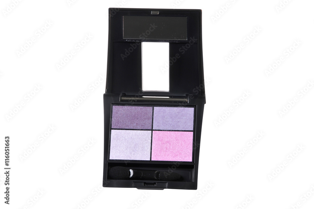 Make-up eyeshadows with small brush on white background Make-up eyeshadows with small brush on white background