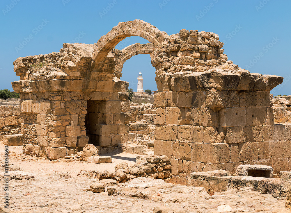 Saranta Kolones Fort with lighthouse framed, Paphos, Cyprus
