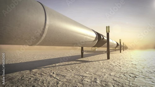 Pipeline in desert, 3D animation, sunset.