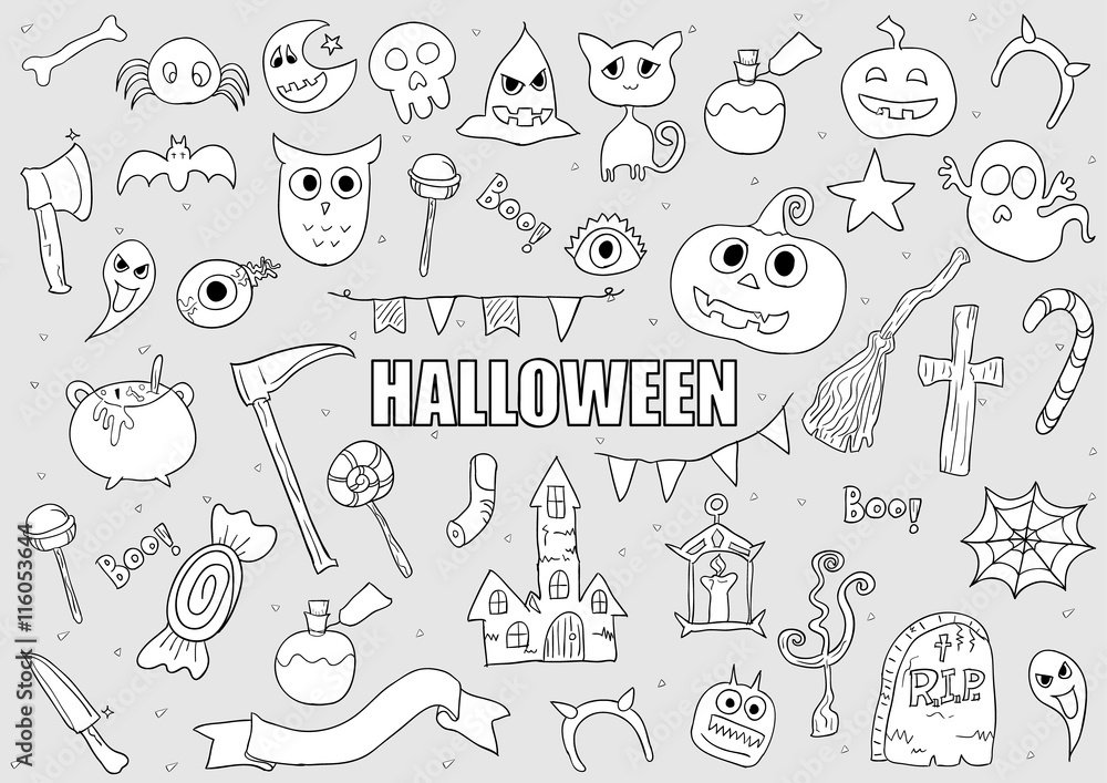Halloween Drawings Vector Set of Design Elements. doodles elemen