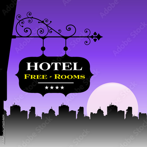 Colorful background with a hotel plate and the text free rooms written on the plate