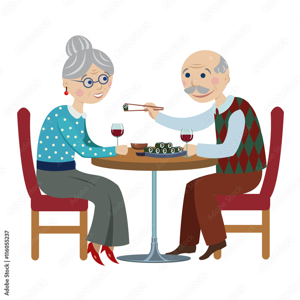 happy cartoon  couple at a cafe eating sushi Stock  Vector | Adobe Stock