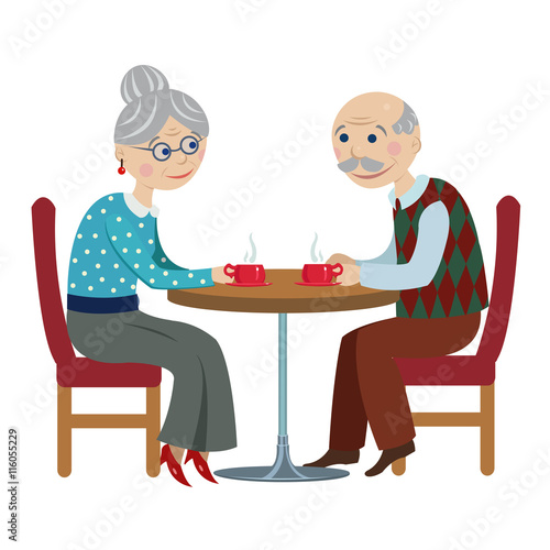 grandfather and grandmother drink tea.cartoon elderly couple drinking tea at the table