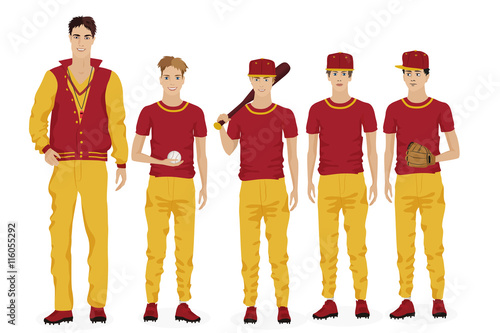 Young guys school baseball team with coach trainer. Vector illustration.