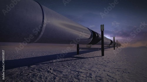 Pipeline in desert, 3D animation, nighttime.