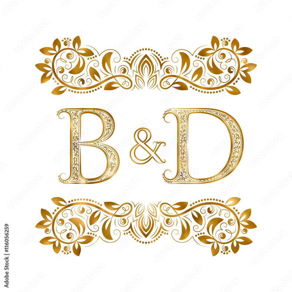 B&D vintage initials logo symbol. Letters B, D, ampersand surrounded by