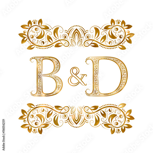 B&D vintage initials logo symbol. Letters B, D, ampersand surrounded by ornamental elements. Wedding or business partners monogram in royal style.