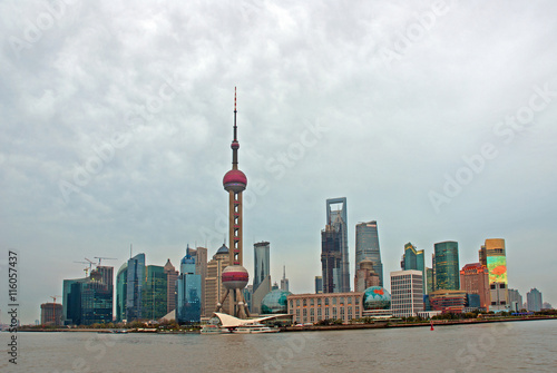 Pudong riverfront buildings and the pearl tower. one of the most famous tourist destinations in Shanghai.