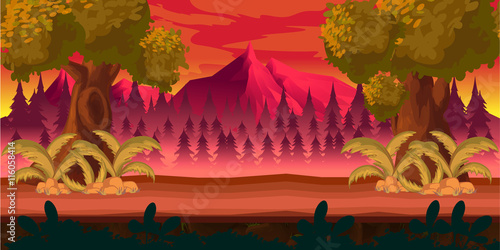 forest game background 2d  application. Vector design. Tileable horizontally. Size 1024x512. Ready for parallax effect