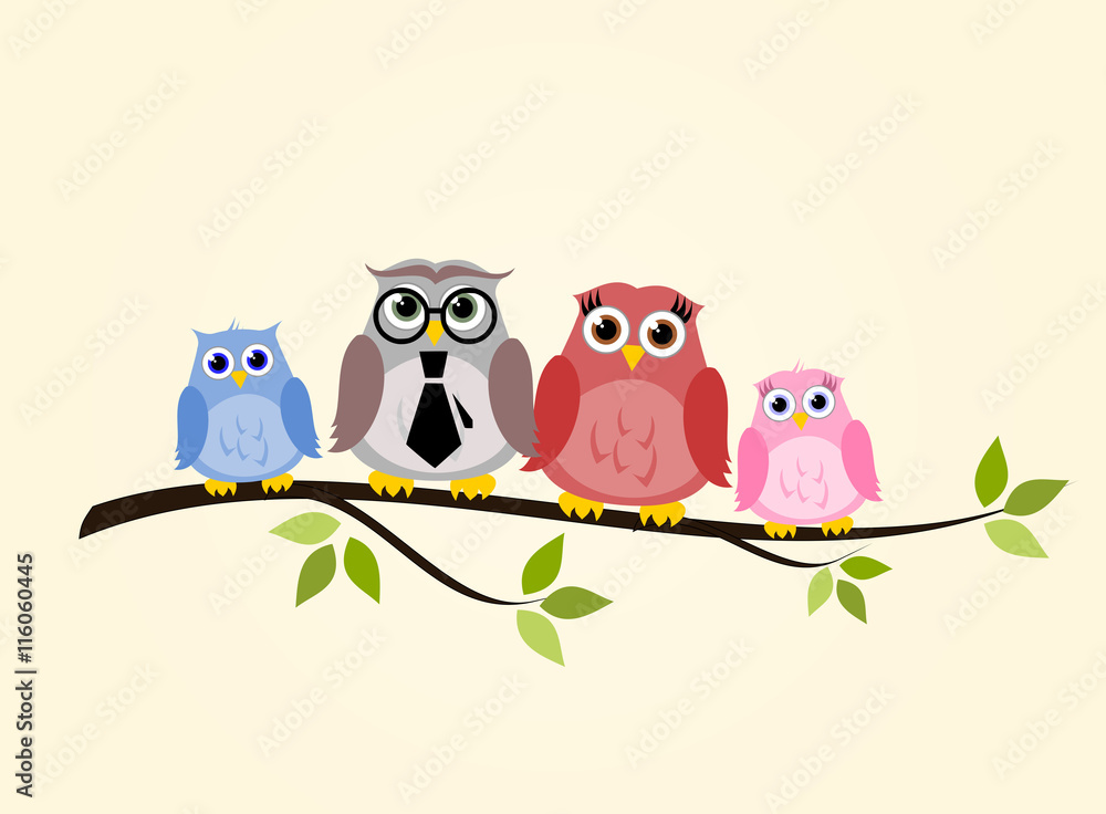 Owl family sitting on a branch vector Owl family sitting on a branch vector