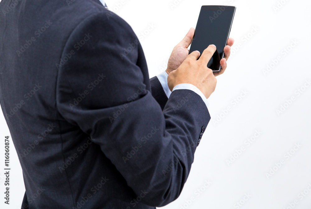 isolated business man hold the smartphone on white background isolated business man hold the smartphone on white background