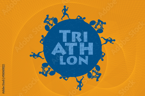 Triathlon graphic and text. Triathletes are swimming running and cycling around the world in circular shape.