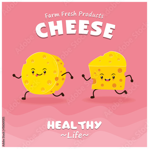 Vintage Cheese poster design with vector cheese character.