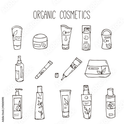 Vector cosmetic bottles. Organic cosmetics illustration. Doodle skin care items. Herbal hand drawn set. Spa elements in sketchy style.
