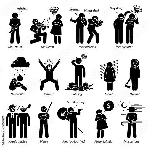 Negative Personalities Character Traits. Stick Figures Man Icons. Starting with the Alphabet M.