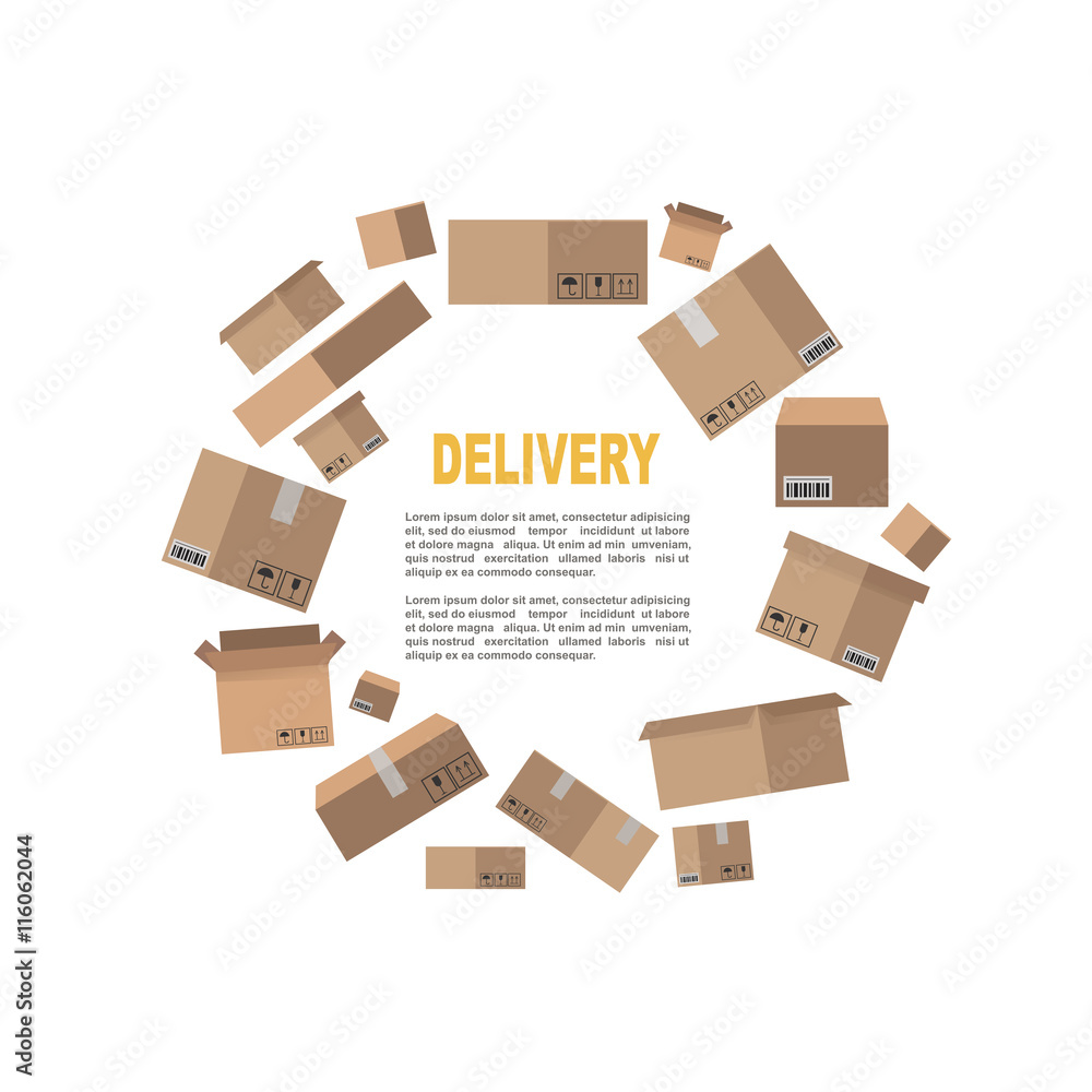 Fototapeta premium Delivery vector background with flat carton boxes.
