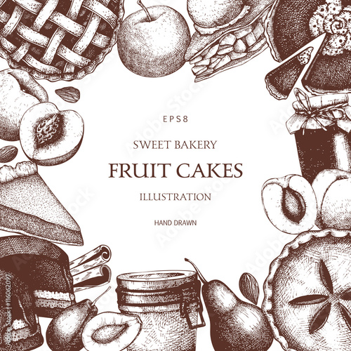 Vector card design with ink hand drawn fruit dessetrs illustration. Vintage template with traditional cake, tart and pie sketch on white background. Sweet  bakery. 