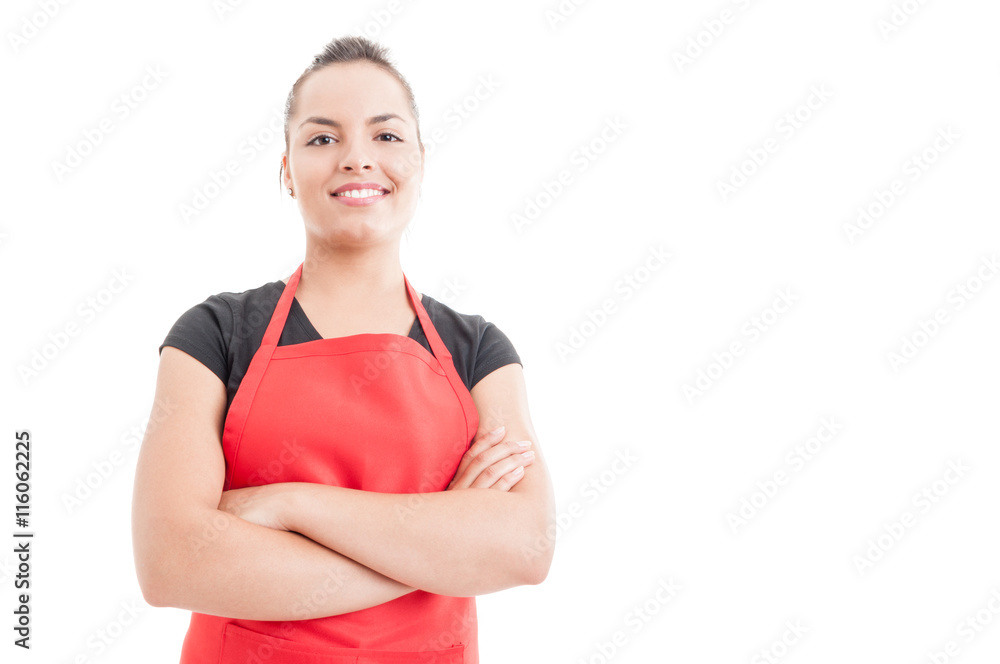 Beautiful hypermarket seller posing with crossed arms Beautiful hypermarket seller posing with crossed arms