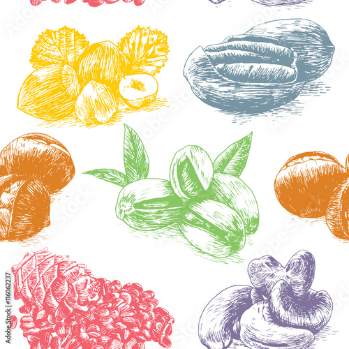 Vector illustration colorful seamless pattern with nuts