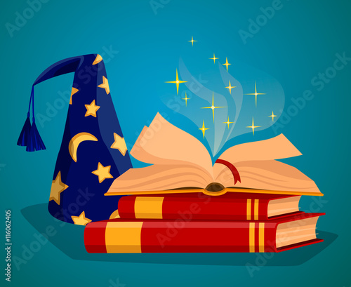 Cap wizard and Book of magic spells and magic tricks concepts cartoon style vector illustration