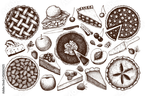 Vector collection of ink hand drawn fruit and berry baking illustration. Vintage set of traditional cake, tart and pie sketch. Sweet bakery. Top view.