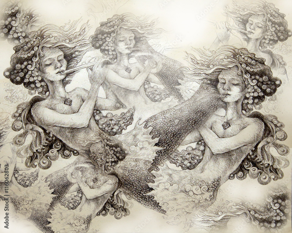 many mermaids playing flute, monochromatic ornamental illustration