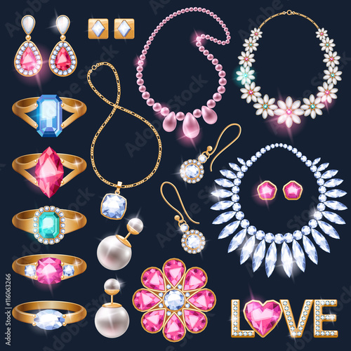 Realistic jewelry accessories icons set.