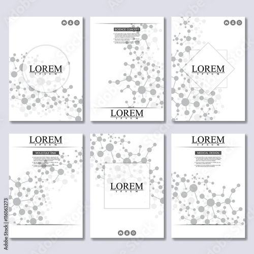 Vector brochure template, flyer, cover magazine in A4 size. Structure molecule of DNA and neurons. Abstract background