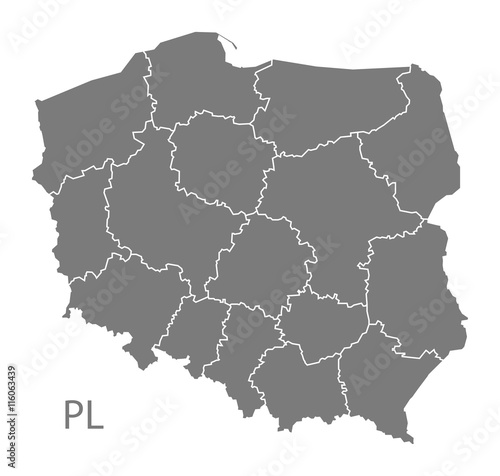 Fototapeta Polska Mapa z regionami szarymi