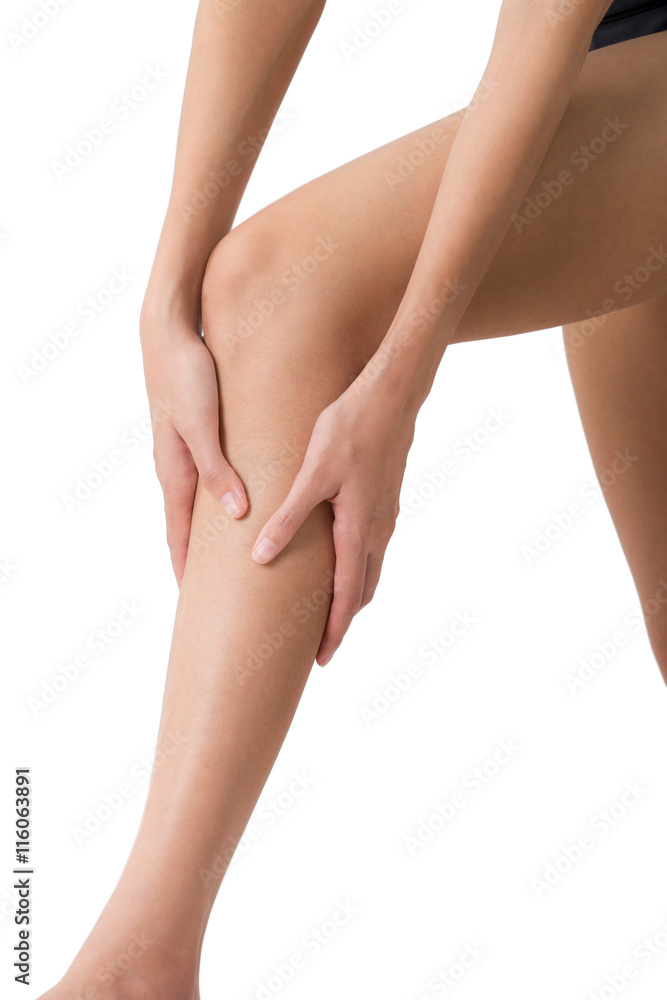 Asian women holding her calf and shin with massaging in pain area, Isolated on white background. Asian women holding her calf and shin with massaging in pain area, Isolated on white background.