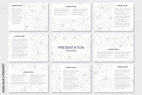 Set of modern business presentation templates in A4 size. Connection structure. Abstract background with molecule DNA and neurons