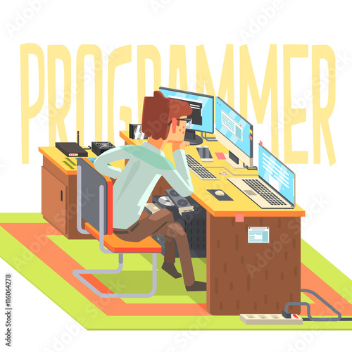 Hacker, working at a laptop, vector illustration