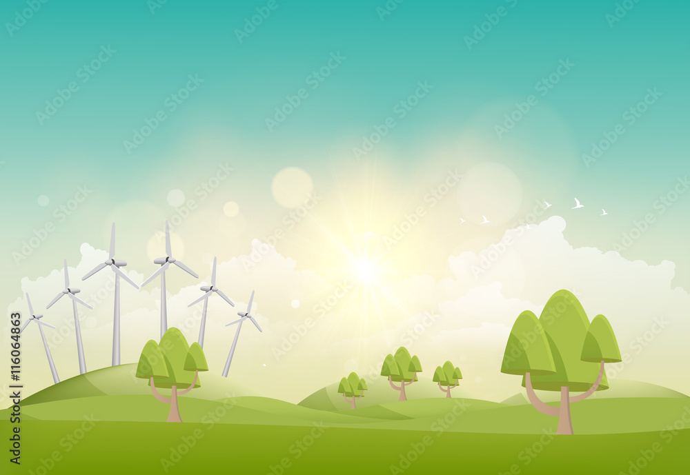 Eco Vector Summer Landscape, with trees and wind turbines. Vector illustration.
Eco Vector Summer Landscape, with trees and wind turbines. Vector illustration.